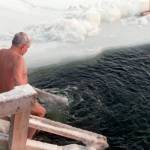 Swimming in an icy lake.