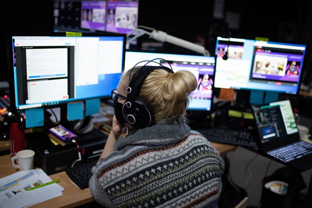 Anna Haaraoja managing a live stream.