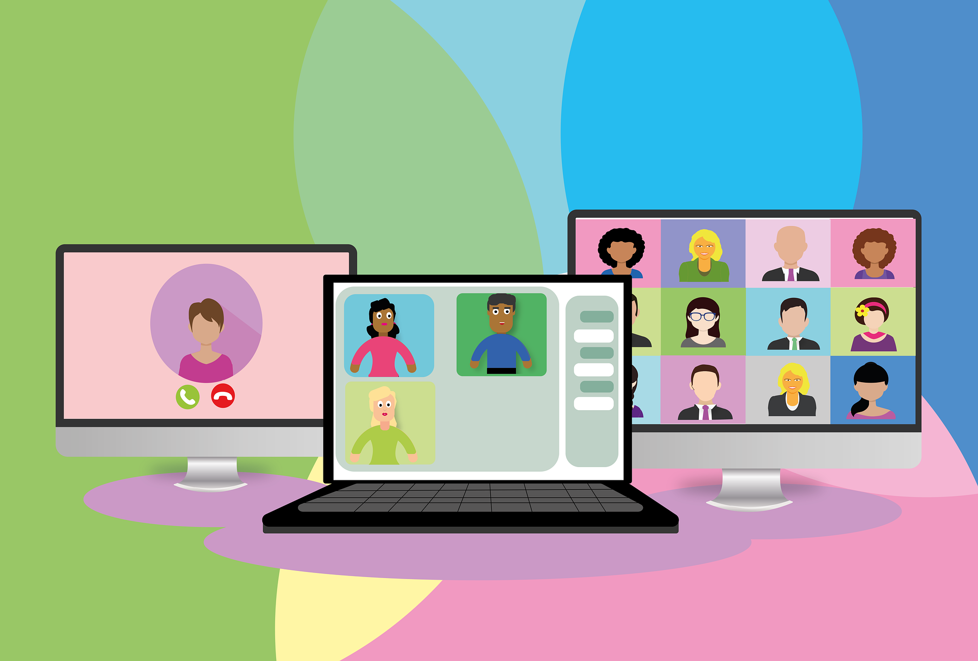 Graphics about people on Zoom meetings.