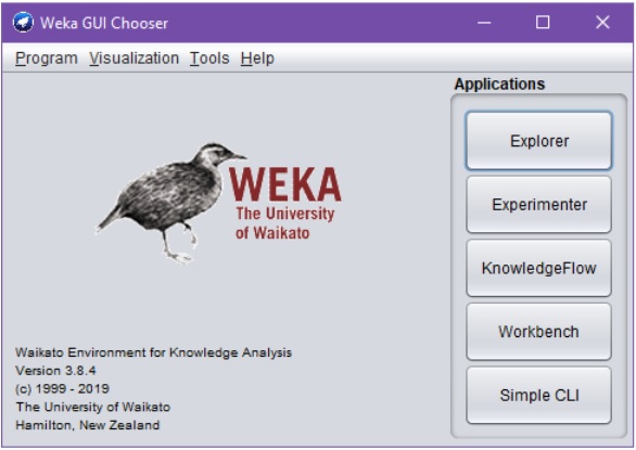 Wekan käynnistymisen yhteydessä avautuva dialogi "Weka GUI Chooser". Dialogi sisältää Wekan logon ja versionumeron (ym.) ohella eri sovelluksia käynnistävät nappulat Explorer, Experiments, KnowledgeFlow, Workbench ja "Simple CLI".