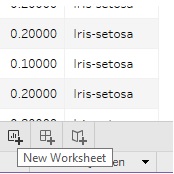 Tableau-dialogin alareunan välilehti-työpalkin nappuloita, New Worksheet –nappula korostettuna. Muita vastaavia nappuloita ovat mm. New Dashboard ja New Story.