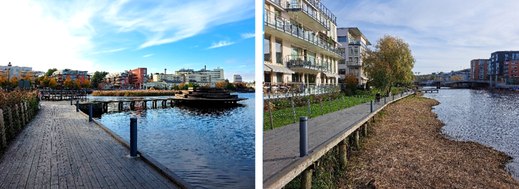 Two pictures from Hammarby sjöstad showcasing the pier structures by the shore.