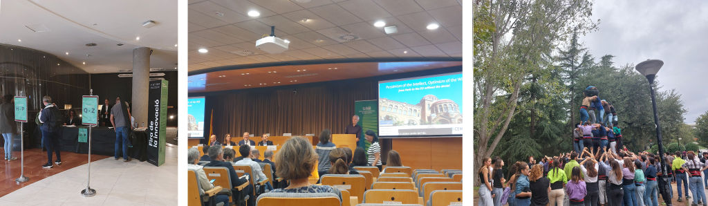 (1) Picture of the campus lobby with seminar signage. (2) Picture of the opening event of the academic year. (3) Picture of Castellers, human tower.