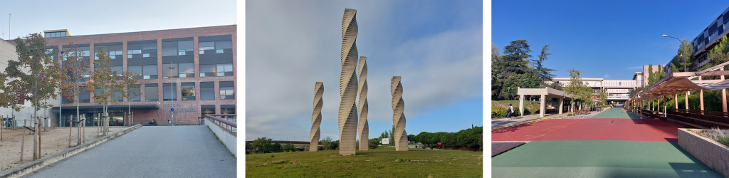 (1) The Engineering building at the UAB campus in Cerdanyola del Vallès. (2) The four pillars at the entrance of the Universitat Autònoma de Barcelona (UAB) campus. (3) Public spaces at the campus.