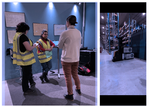 Left image: People making an interview by standing in the warehouse environment. Right: Automated guided vehicle making a pick and place task.