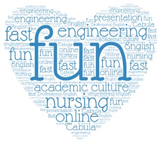Sydän, missä englanninkielisiä sanoja kuten "fun", "nursing", "engineering" ja "online"