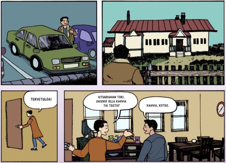 Katkelma Sanasta kuvaksi -hankkeessa Ensi- ja turvakotien liitolle tehdystä sarjakuvadokumentista, kuvittaja Jan Pitkäsalo.