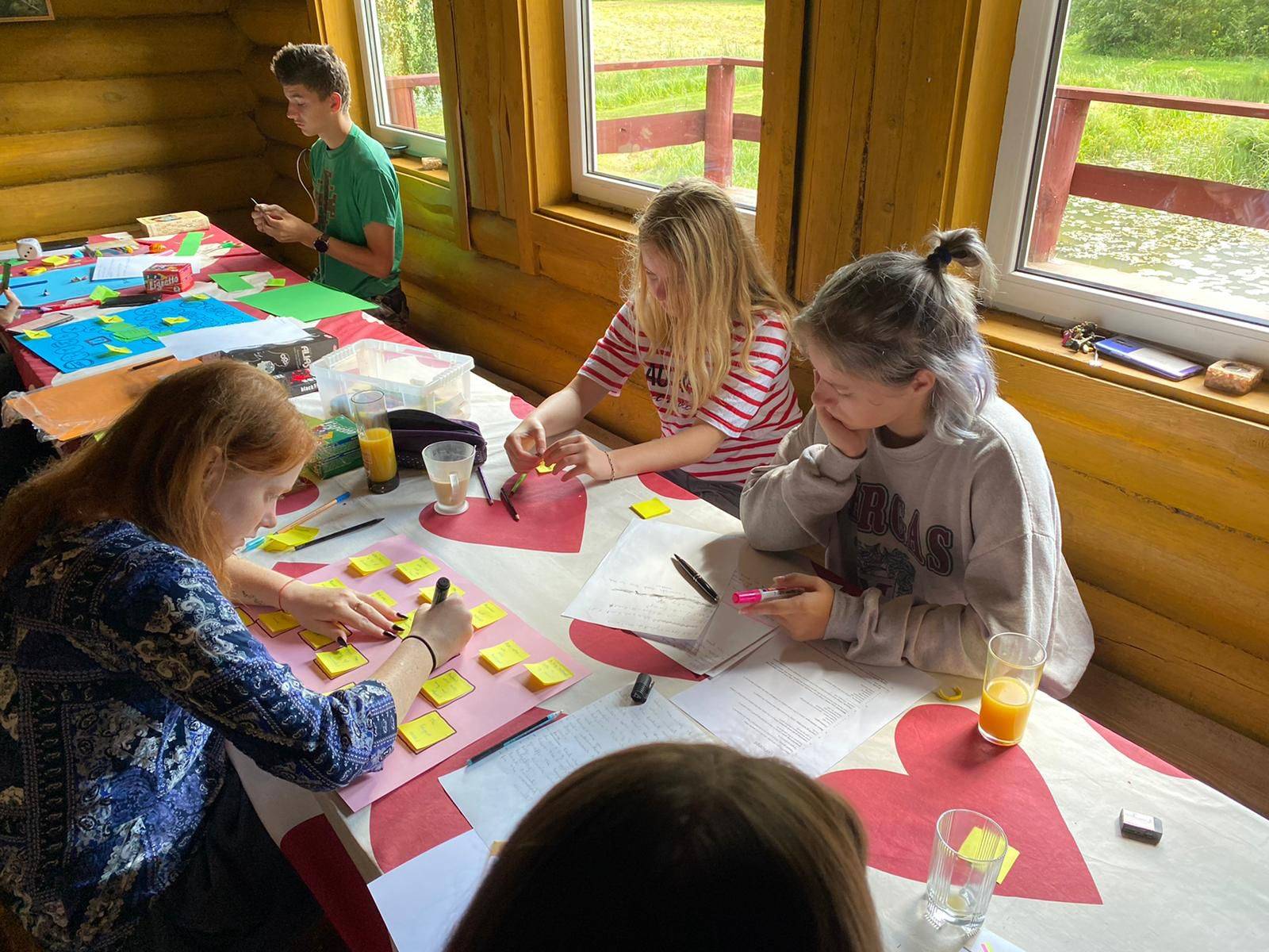 young people sitting around a desk and designing educational games