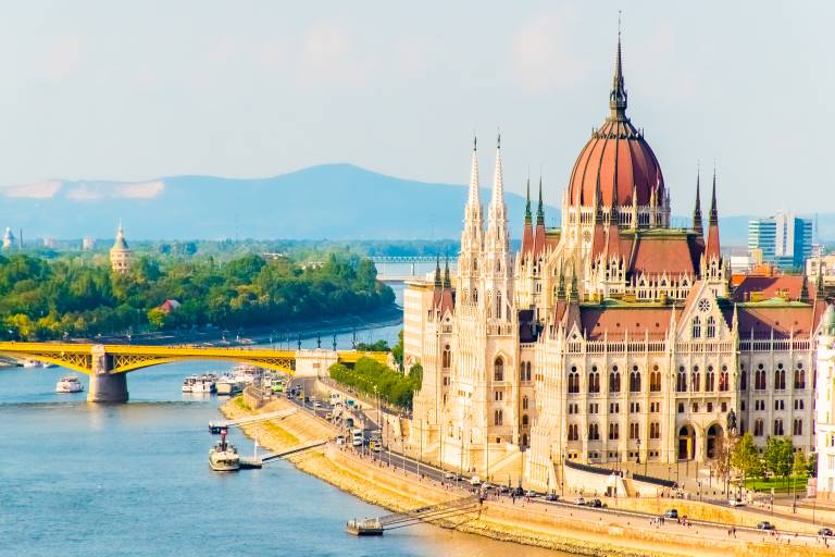 Colorful view of Parliament and Chain Bridge in Budapest city, Splendid spring cityscape of Budapest, Hungary in Europe.