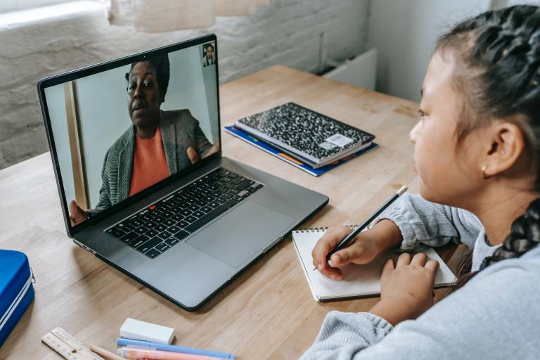 Woman and boy on videocall.