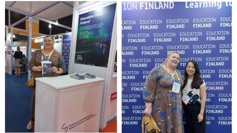 Picture college of two pictures. In first picture Krista Merikoski is standing and representing TAMK behind a white table. In the second picture she is standing next to a woman.