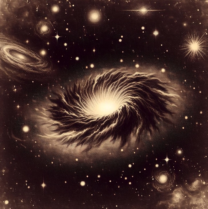 A black and white image depicting dark matter in the universe generated by AI.