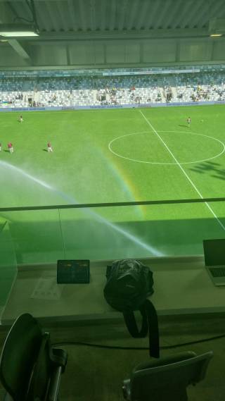 A green football field, visible from far through a tinted glass. A stadium view.
