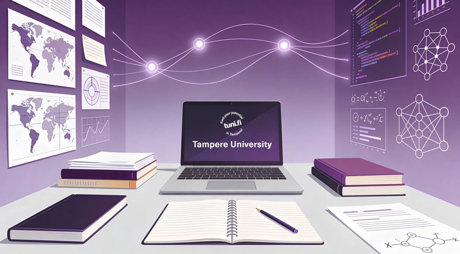 Student workspace with a laptop, research materials, and AI tools supporting academic learning.