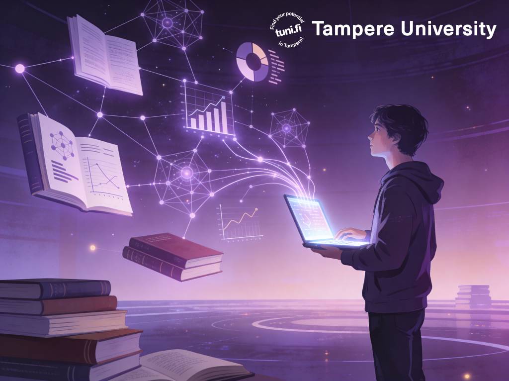 Abstract AI network connecting different sources of knowledge in a university learning context.