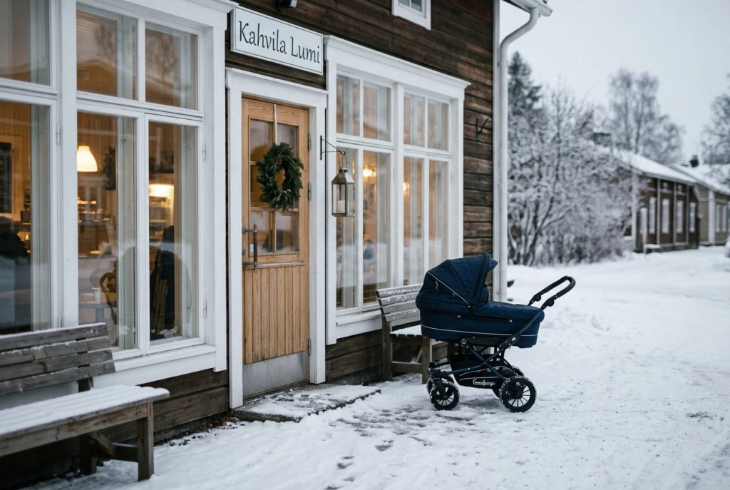 Baby sleeping outside in a stroller in Finland during the daytime.
