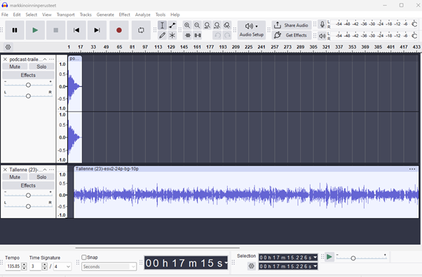 Kuvakaappaus Audacity-ohjelmasta jolla lisäsin alku- ja loppumusiikin