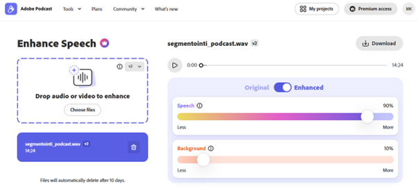 Kuvakaappaus Adobe Podcast-ilmaistyökalusta äänen tekoälyavusteiseen käsittelyyn