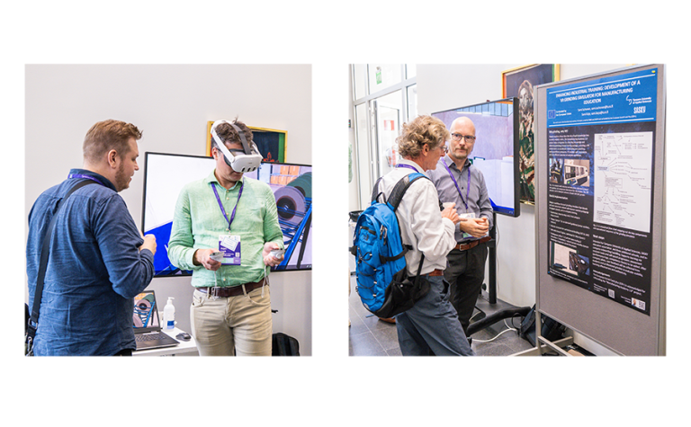 Kaksiosainen kuva, jossa vasemmalla 2 ihmistä käyttää VR-laseja ja oikealla 2 ihmistä tarkastelee posteria.