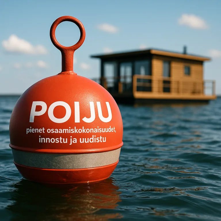 Punainen poiju kelluu veden pinnalla, ja taustalla häämöttää saunalautta.