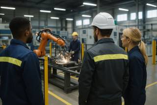 Moderni tehdasympäristö, jossa ihmiset, yhteistyörobotit ja humanoidirobotit toimivat turvallisesti yhdessä, havainnollistaen kehittynyttä ihmisen ja robotin välistä vuorovaikutusta sekä suojattuja työnkulkuja (kuva luotu Copilotilla).