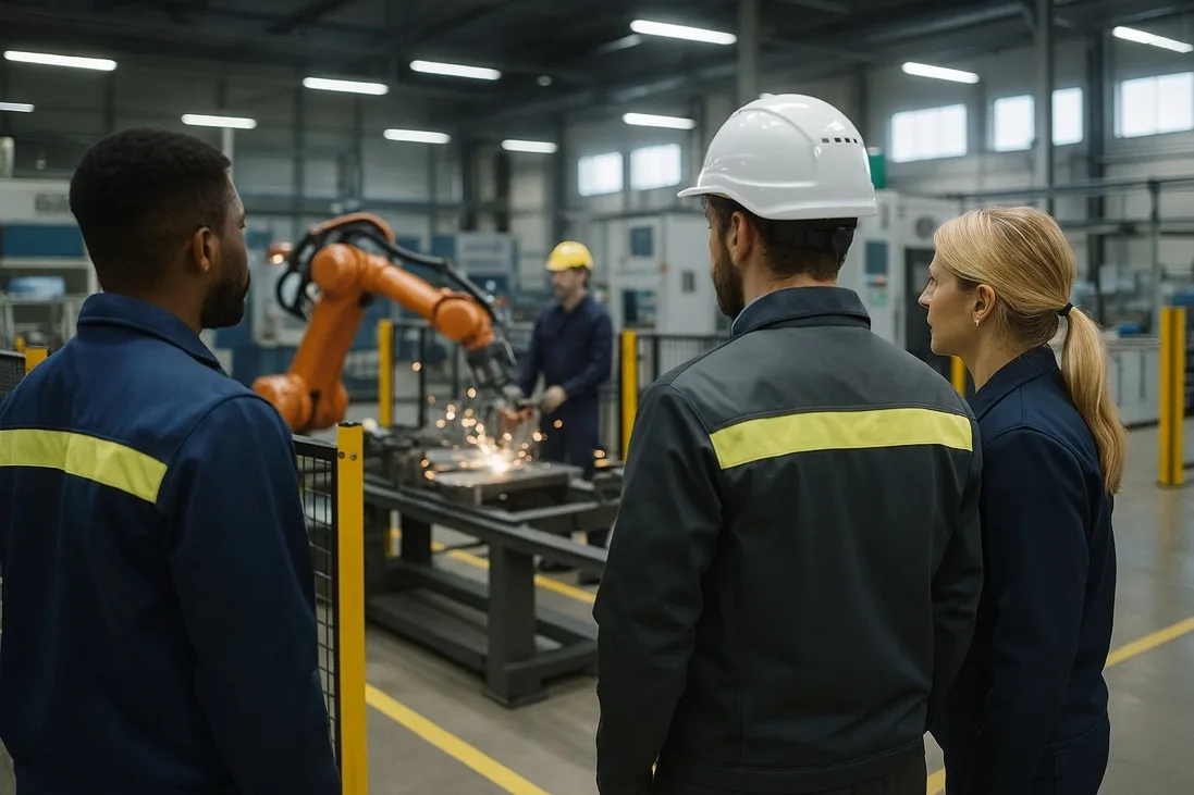 Moderni tehdasympäristö, jossa ihmiset, yhteistyörobotit ja humanoidirobotit toimivat turvallisesti yhdessä, havainnollistaen kehittynyttä ihmisen ja robotin välistä vuorovaikutusta sekä suojattuja työnkulkuja (kuva luotu Copilotilla).