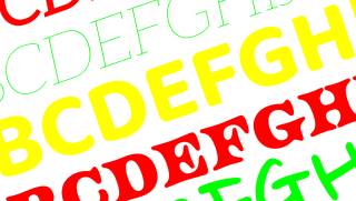 Erivärisiä kirjaimia erilaisilla fonteilla.