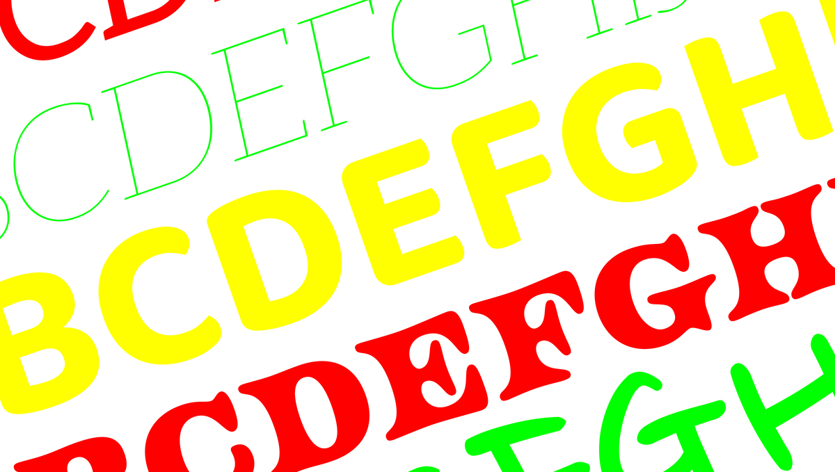 Erivärisiä kirjaimia erilaisilla fonteilla.