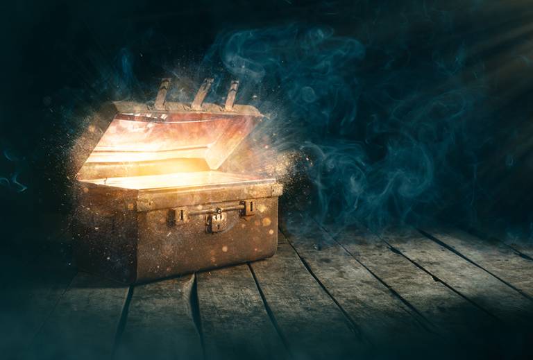 Open an ancient treasure chest that radiated light in the darkness.