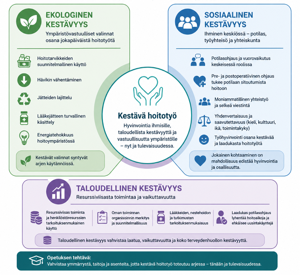 Kuva 1. Kestävän hoitotyön kolme ulottuvuutta (mukaillen Hämäläinen 2013; United Nations 2015; THL 2026). Kuva on tuotettu tekoälyn avulla (AI-generoitu kuvitus).