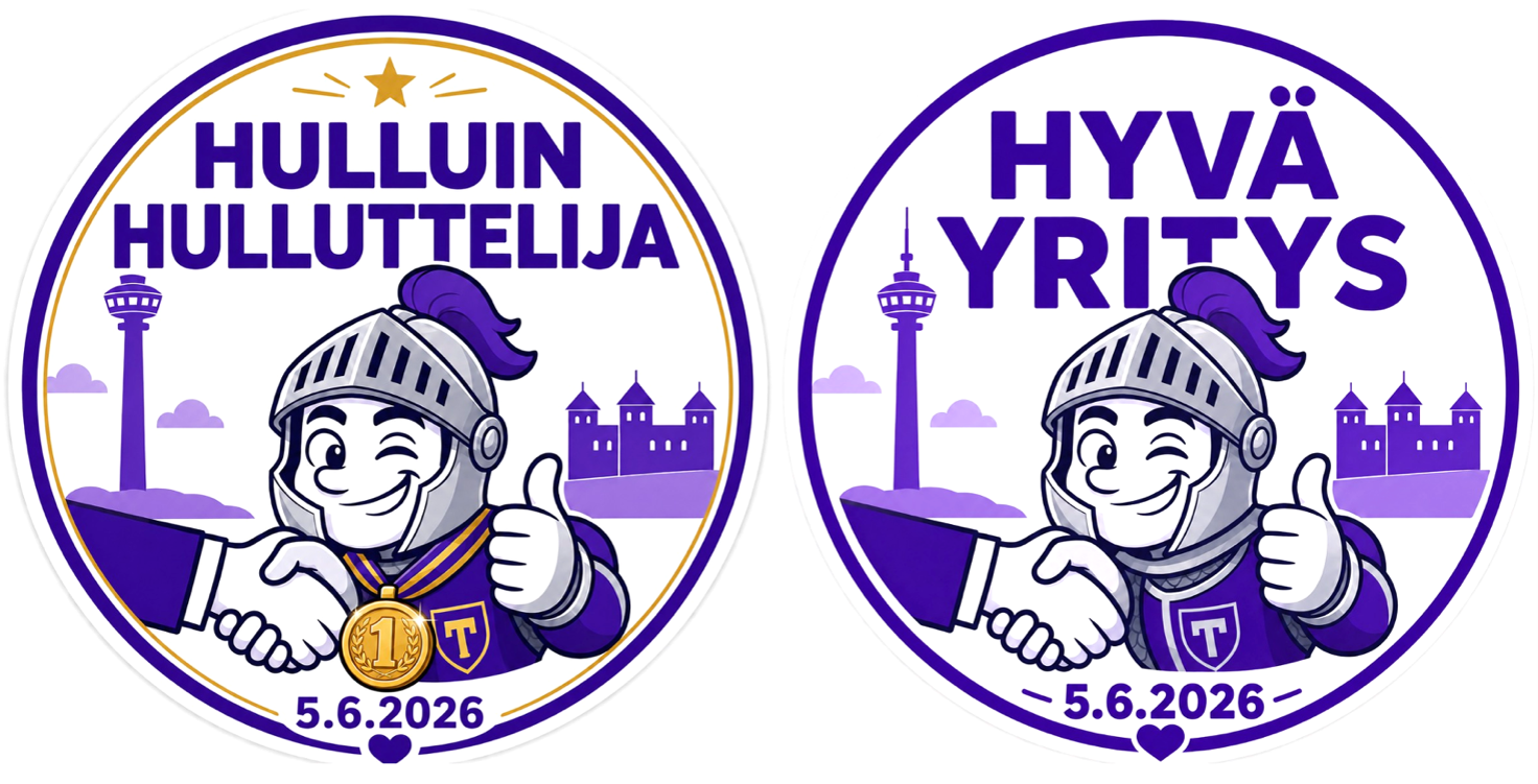 Kuva: Hullunkuriset osaajakokonaisuudet -työpajan voittajatiimi palkittiin Hulluin Hulluttelija -läppäritarralla. Kaikki muut saivat Hyvä Yritys –tarran.