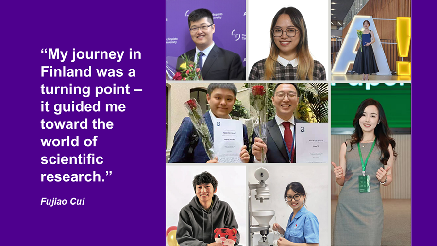 A quotation and photo collage of eight students.