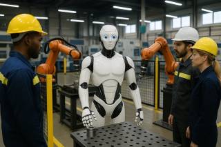 A modern factory environment where humans, collaborative robots, and humanoid robots operate together safely, demonstrating advanced human-robot interaction and secure workflows (image created with Copilot).