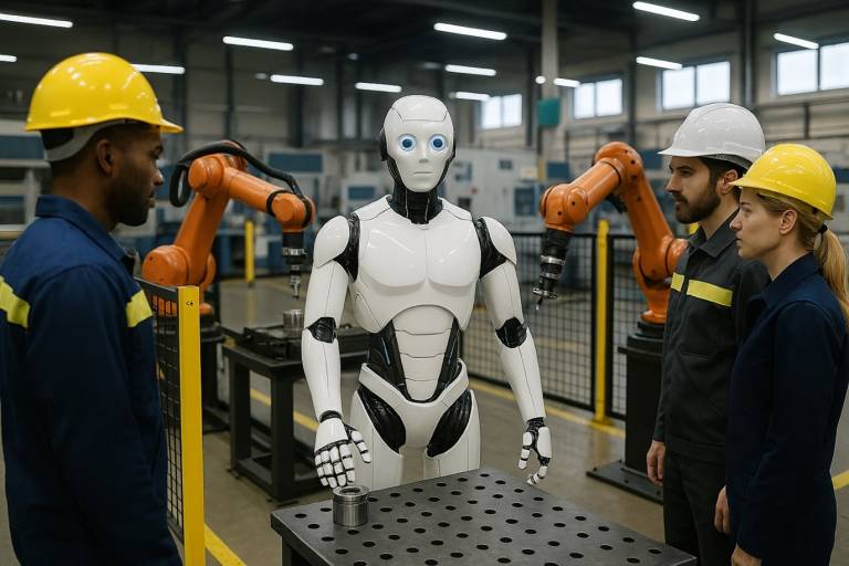 A modern factory environment where humans, collaborative robots, and humanoid robots operate together safely, demonstrating advanced human-robot interaction and secure workflows (image created with Copilot).