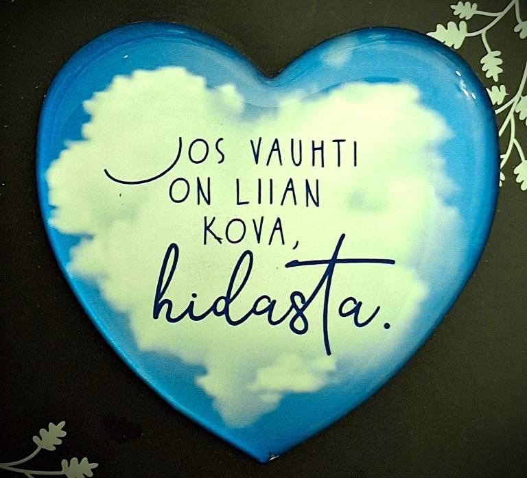 Kuva magneetista: "Jos vauhti on liian kova, hidasta."