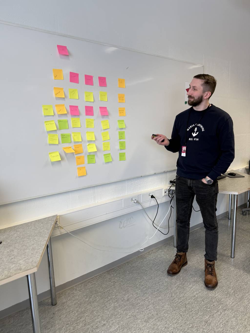 Jimi etualalla. Taustalla taulu, jossa värikkäitä tarralappuja.