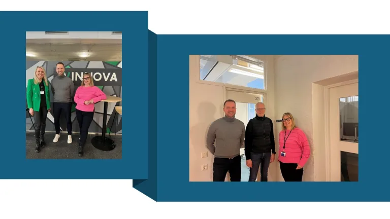 Ryhmäkuva, jossa TAOKin, Winnovan ja Tampereen yliopiston (TAU) edustajat poseeraavat yhdessä Porin verkostopäivässä. Kuva havainnollistaa koulutusasteiden välistä yhteistyötä ja yhteistutkimuksen ideointia.