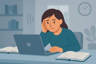 Henkilö istuu työpöydän ääressä kannettavan tietokoneen ja avointen kirjojen kanssa. Hän nojaa päätään ja katsoo keskittyneesti näyttöä. Taustalla on kirjahylly, seinäkello ja viherkasvi.