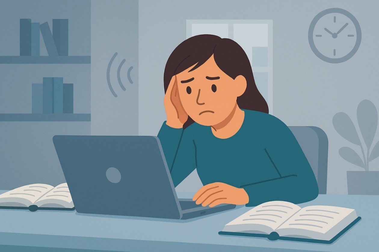 Henkilö istuu työpöydän ääressä kannettavan tietokoneen ja avointen kirjojen kanssa. Hän nojaa päätään ja katsoo keskittyneesti näyttöä. Taustalla on kirjahylly, seinäkello ja viherkasvi.