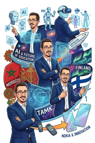 Saidin tekoäly Geminillä luoma kuva, jossa on muun muassa hänen omakuviaan ja Suomen lippu.