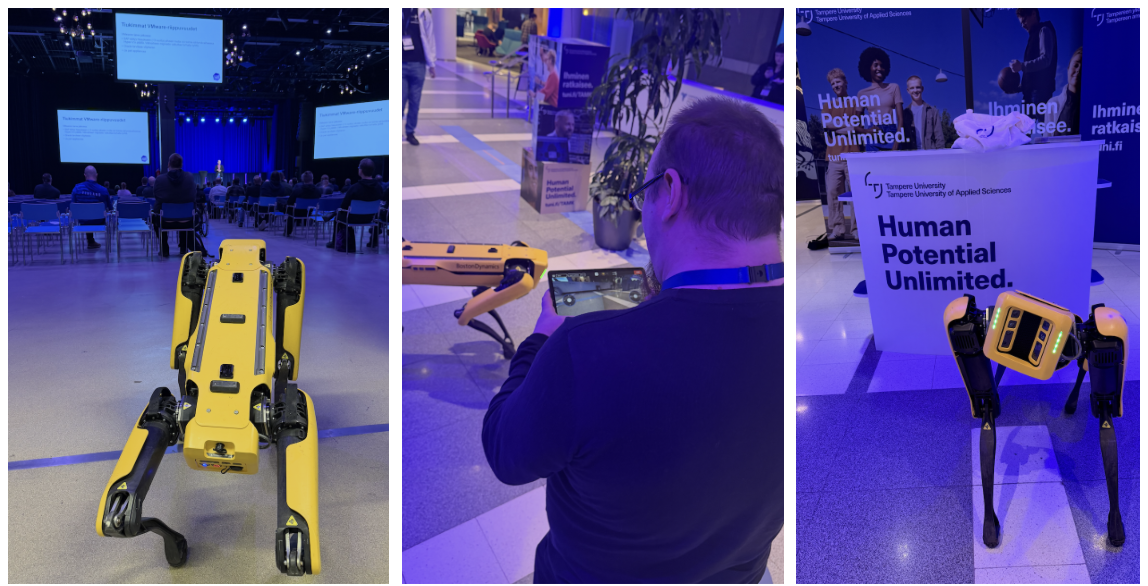 Picture collage about Spot robot and humans