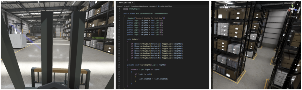 Screens and code of simulation. rom left to right: 1. view from a forklift driver's seat; 2. C# coding snippet of AGVs lights; 3. view of the warehouse aisles.