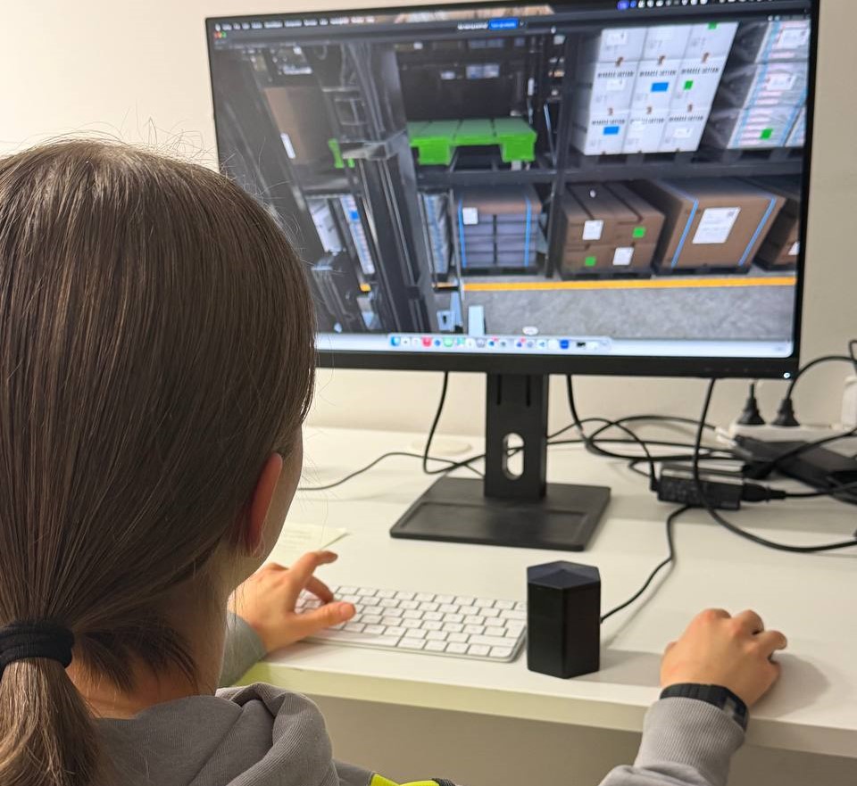 Human playing simulation game on computer screen