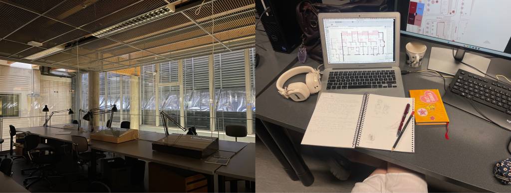 Arkkitehtiopiskelijoiden piirustussalit.