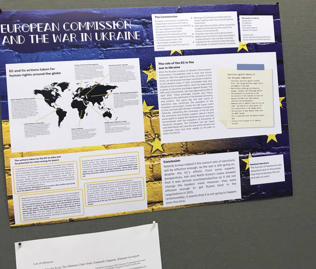 Juliste kurssityöstä, jossa käsitellään Euroopan komission toimia Ukrainassa.