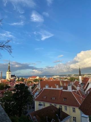 The image shows a panoramic view of Tallinn's city centre