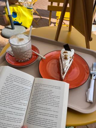 cake, coffee and a book