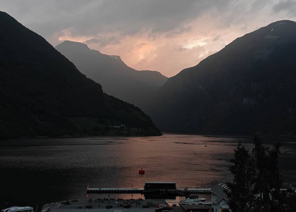Picture of Geirangerfjord during sunset.