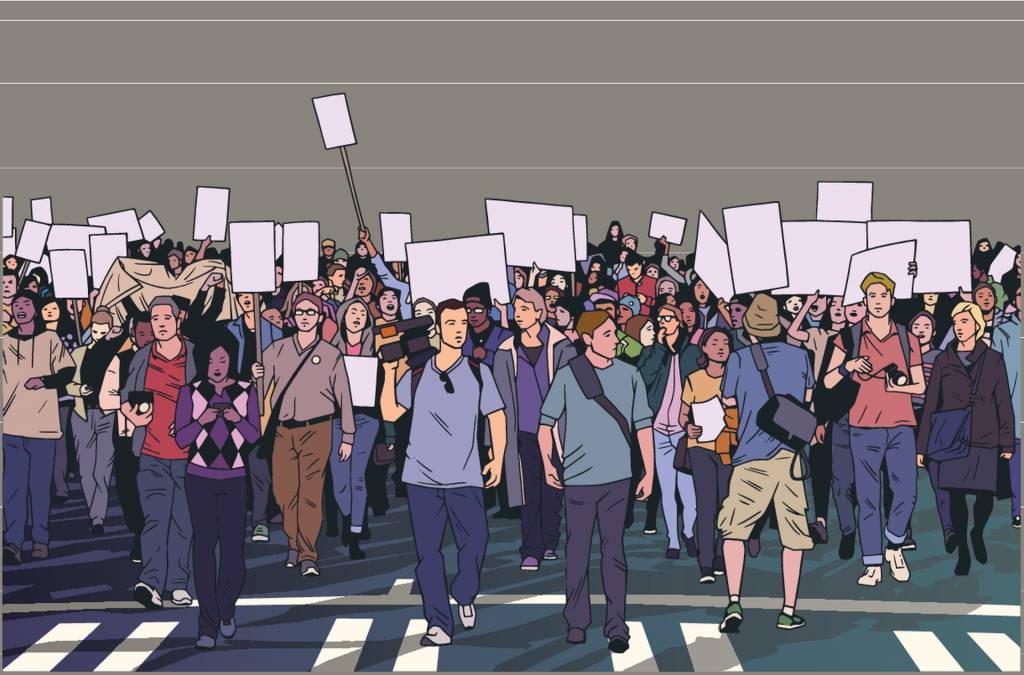 Kuvittele, demokratia! Ihmisiä kylttien kanssa.