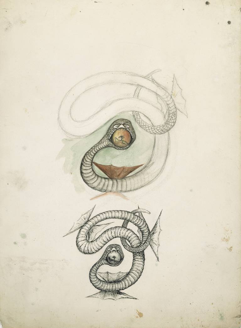 Hugo Simberg: Kaksi luonnosta Tampereen tuomiokirkon (Johanneksen kirkko) keskiholvin käärmeseen